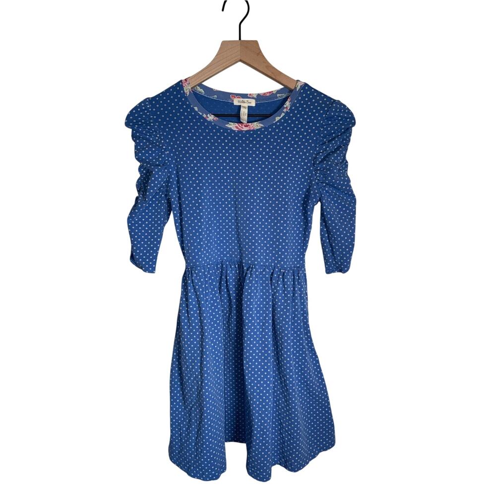MATILDA JANE Girls Light Blue Polka Dot Dress with Pink Floral Trim 12